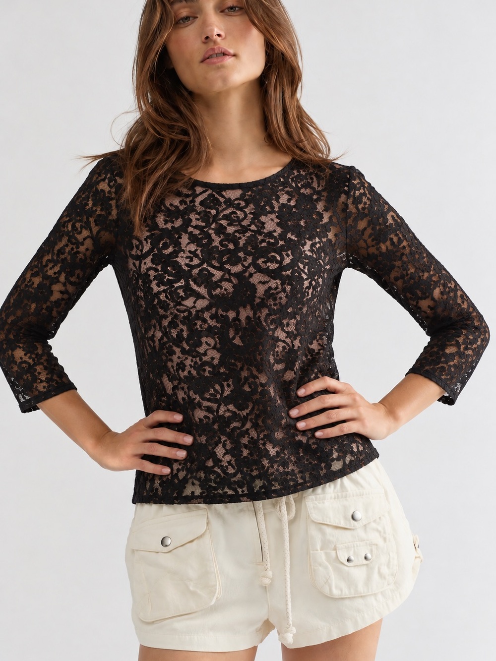 321. Black Lace Overlay Women's Top - Sheer Floral Design